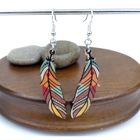 BOGO Multicolor Wood Feather 2" Earrings - Picture 3 of 9